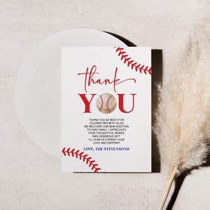Oh Boy! Editable Baseball Baby Shower Thank You Card Template, Red Baseball Lace Sports Baby Shower Flat Thank You Card B89