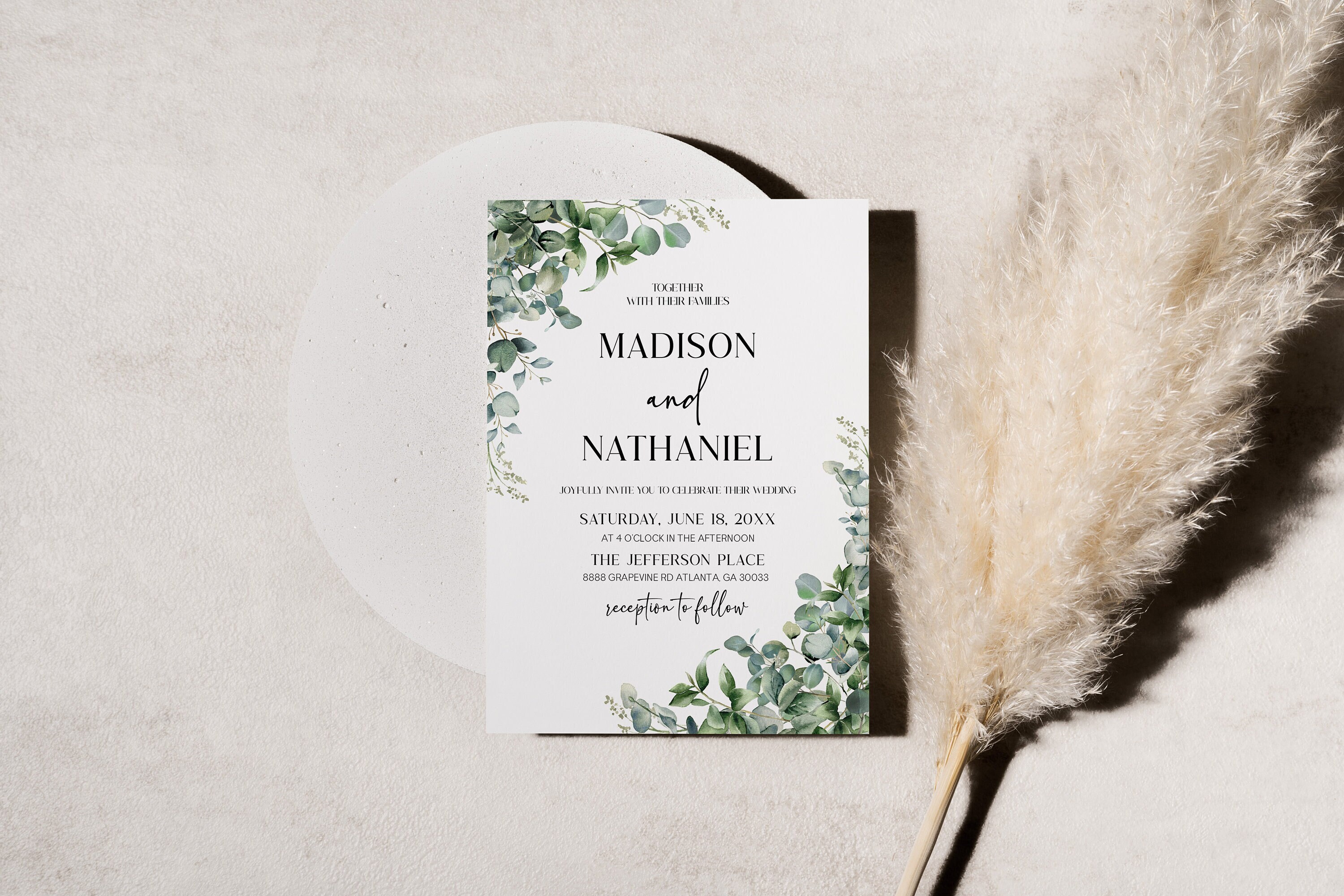 Elegant Green Eucalyptus Plant Wedding Invitation | Greenery Botanical Garden Wedding Invite | Editable A73