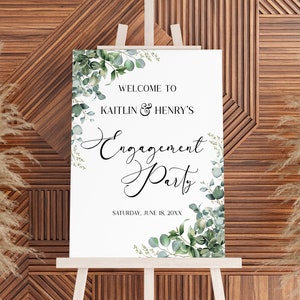 Panneau de bienvenue pour fête de fiançailles modifiable avec plante d'eucalyptus vert | Jardin de verdure, élégant mariage, fête de fiançailles, affiche de chevalet, panneau en mousse A71