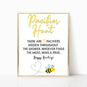 Baby Shower Pacifier Hunt Game Sign, Yellow Bumble Bee Theme, 8x10