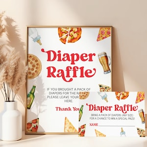Pizzagebräu und Windeln auch! Pizza Beer Baby Shower Windel Verlosung Zeichen und Karte | Bearbeitbares Baby Shower Windel Raffle Zeichen und Tickets B81