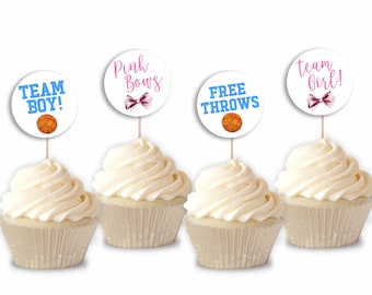 Gender Reveal Party Cupcake Topper | Free Throws or Pink Bows Gender Reveal Cup Cake Toppers | Basketball Sports Themed A26
