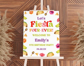 Fiesta Four-Ever 4th Birthday Party Welcome Sign | Retro Taco Fiesta Four Ever Fourth Birthday Party Easel Poster Foam Board | Editable b57