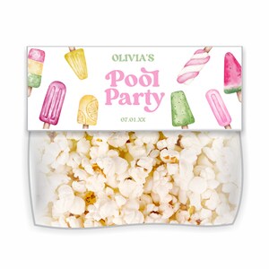 Bearbeitbarer Pink Grün Gelb Retro Popsicle Geburtstag Pool Party Favor Bag Topper | Chips, Süßigkeiten, Leckereien Taschendeckel A88