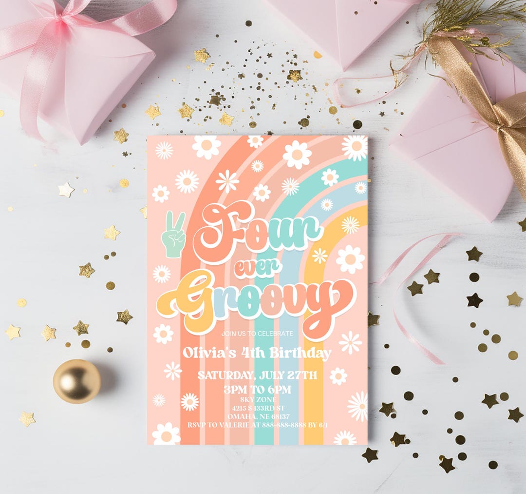 Four Ever Groovy 4th Birthday Party Invitation | Retro Rainbow Daisies ...