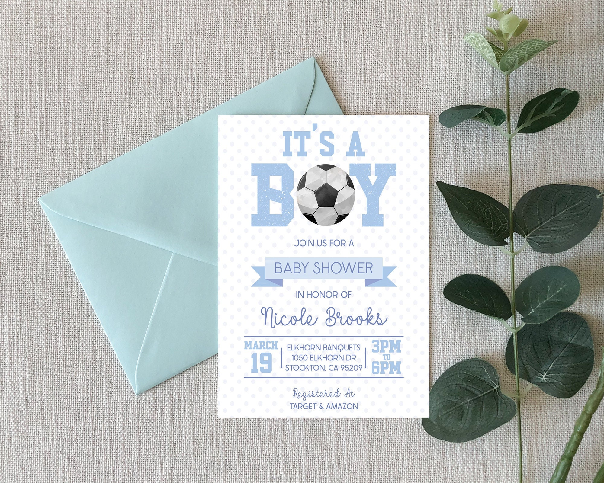 Editable Soccer Themed Baby Shower Invitation, Blue Sports Theme Baby Shower Invites, Soccer Ball Sport Themed B96
