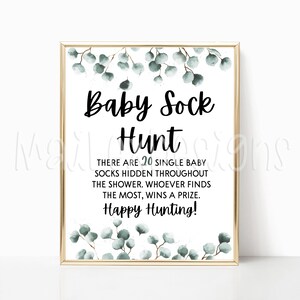 Green Eucalyptus Plant Themed Baby Shower Baby Sock Hunt Game Sign, 8x10