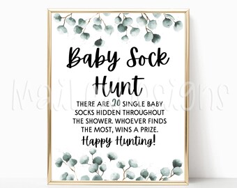 Green Eucalyptus Plant Themed Baby Shower Baby Sock Hunt Game Sign, 8x10