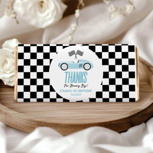 Editable Blue Race Car Birthday Party Chocolate Bar Wrapper Label Template | Favor Candy Labels A5