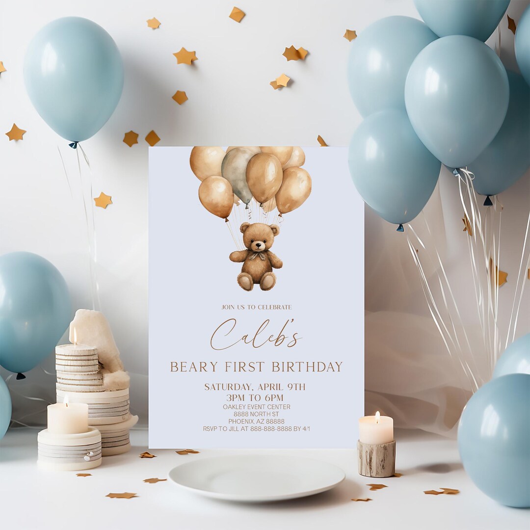 Boho Teddy Bear Beary First Birthday Party Invitation | Editable Blue ...