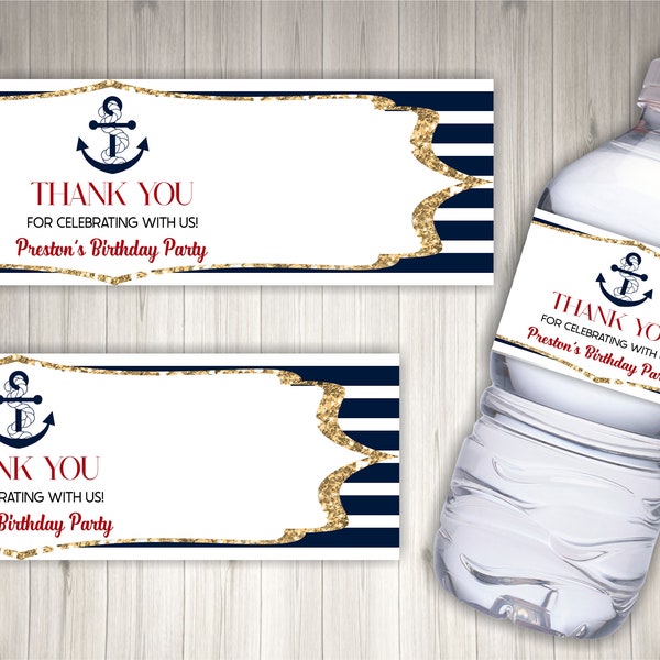 Editable Nautical Themed Water Bottle Label | Birthday Party Favor Bottle Labels