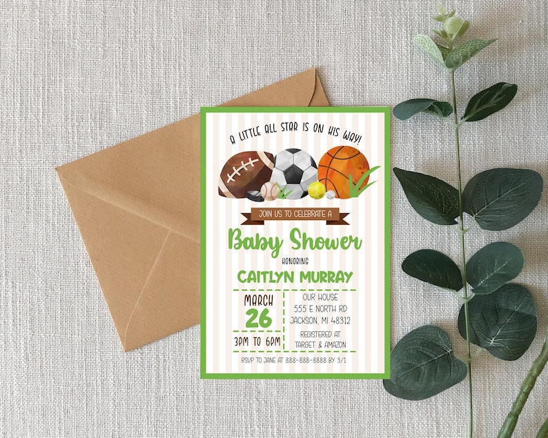 Editable Sports Themed Baby Shower Invitation Sport Theme Etsy