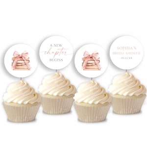 Un nouveau chapitre commence Livres de chapitres élégants Livre de contes Décoration de cupcakes modifiable pour la douche nuptiale avec noeud rose | Décorations pour petits gâteaux B82
