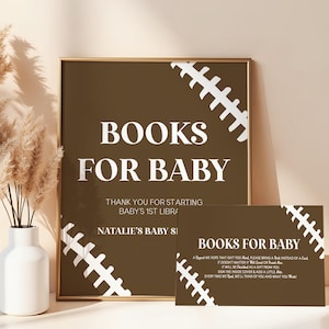 Fußball-Baby-Dusche-Bücher für Baby Schild und Karte | Bearbeitbar Braun Fußball Spitze Sport Baby Shower Bücher für Baby Schild und Tickets B79