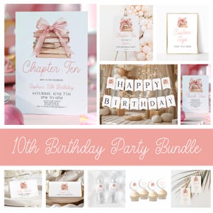 May include: A collection of party supplies with a pink theme. Includes invitations, a welcome sign, a banner that says "Happy Birthday", thank you cards, food labels, water bottle labels, cupcake toppers, and favor tags. The theme is a 10th birthday party.