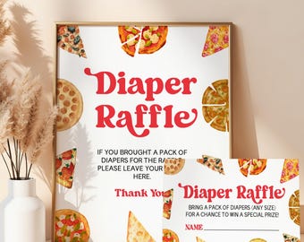 Scheibe Scheibe Baby Retro Pizza Babyparty Windel Verlosung Schild und Karte | Bearbeitbares Babyparty-Windel-Verlosungszeichen und Tickets B78