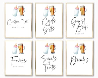 May include: Six white rectangular signs with gold frames, each featuring a watercolor baby bottle and beer mug illustration. The text reads: Custom Text, Cards & Gifts, Guest Book, Favors, Sweets & Treats, and Drinks, with additional subtext.