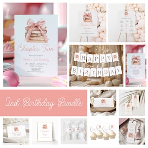 May include: A selection of party decorations in a pink colour scheme. Includes invitations, signs, cupcake toppers, and a banner reading "Happy Birthday." The invitation says "Chapter Two" and "Sophie's 2nd Birthday."