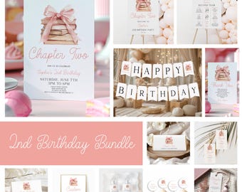 May include: A collection of party supplies with a pink theme. Includes invitations, signs, cupcake toppers, and a banner that reads "Happy Birthday." The invitation reads "Chapter Two" and "Sophie's 2nd Birthday."