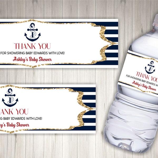 Editable Nautical Themed Water Bottle Label | Baby Shower Favor Bottle Labels