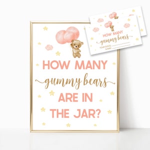 Quanti orsetti gommosi? Gioco d'ipotesi per cartelli e carte per baby shower / Cartello e carte a tema orsacchiotto e palloncini rosa