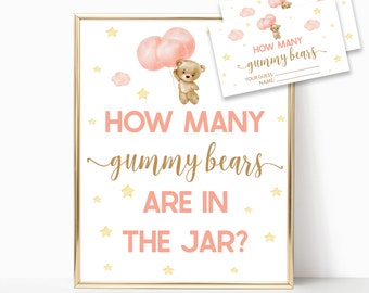 How Many Gummy Bears? Guessing Game for Baby Shower Sign and Cards | Teddy Bear and Pink Balloons Theme Sign and Cards