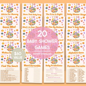 Groovy Retro 70's Vintage Hippie Disco Ball Baby Shower Game Variety Pack, Afdrukbare activiteitenbundel, Spelpakket, Meerdere spellenset