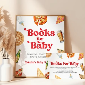 Pizzagebräu und Windeln auch! Pizza Beer Baby Shower Bücher für Baby Schild und Karte | Bearbeitbare Babypartybücher für Babyschild und Tickets B81