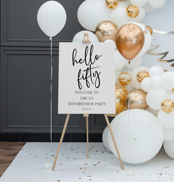 Hello Fifty 50th Birthday Party Welcome Sign | Editable B-Day Party Easel Poster Foam Board | Minimal Minimalist Modern Elegant B37
