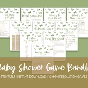 Green Butterfly Themed Baby Shower Game Pack, Printable Baby Shower Games, Games for Baby Shower, Baby Shower Games Package