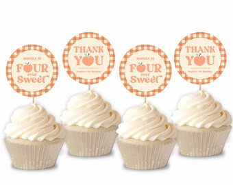 Four Ever Sweet Peach Retro Plaid 4th Birthday Editable Cupcake Topper | Fourth Birthday Party Cup Cake Toppers A37
