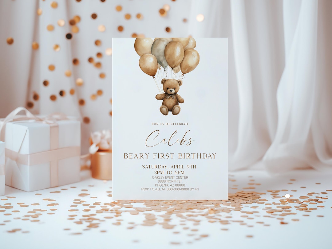 Boho Teddy Bear Beary First Birthday Party Invitation | Editable Brown ...