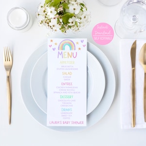 Edytowalne menu na baby shower | Pastelowy motyw tęczy