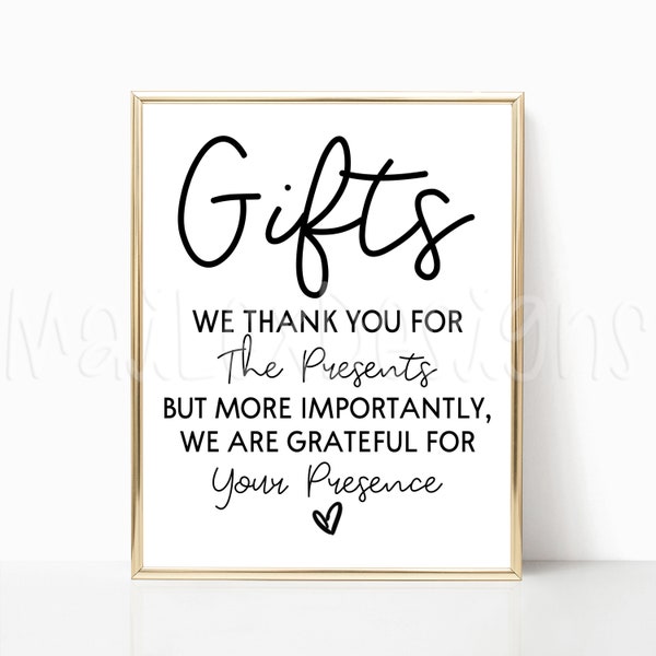 Wedding Gift Table Sign, Thank You For Gifts Sign, 8x10 Wedding Sign