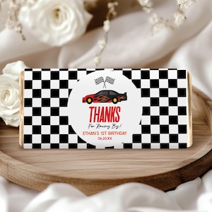 Editable Black Red Flame Race Car Birthday Party Chocolate Bar Wrapper Label Template | Favor Candy Labels A4