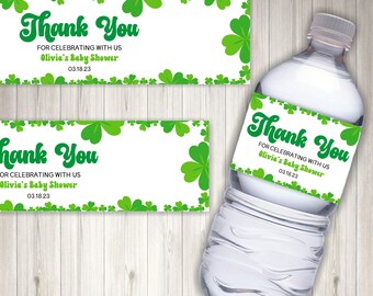 Editable St Patrick's Day Themed Water Bottle Label | Baby Shower Favor Bottle Labels | Green Shamrock Four Leaf Clover