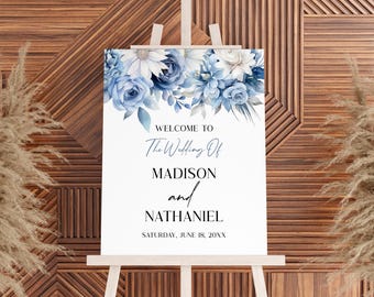 May include: A white welcome sign with blue watercolor flowers and the text "Welcome to The Wedding Of Madison and Nathaniel Saturday, June 18, 20XX".