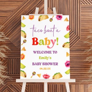 ¡Taco a por un bebé! / Letrero de bienvenida editable para baby shower / Póster caballete de cartón pluma para baby shower de Fiesta Taco B48