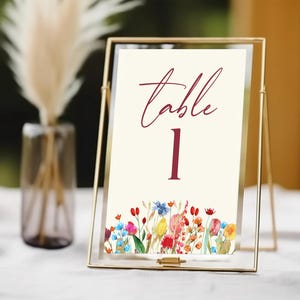 Modelo de número de mesa de casamento de flores silvestres | Placa de número de mesa para impressão | Cartão de número de mesa floral de flores silvestres editável B24