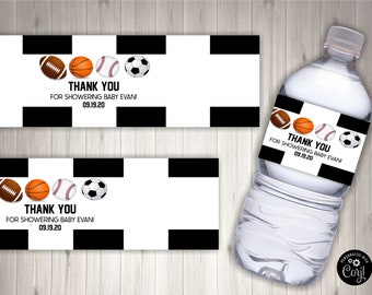 May include: Black and white checkered water bottle labels with a sports theme. The labels feature a football, basketball, baseball, and soccer ball. The text on the labels reads "Thank You for Showering Baby Evan! 09.19.20".