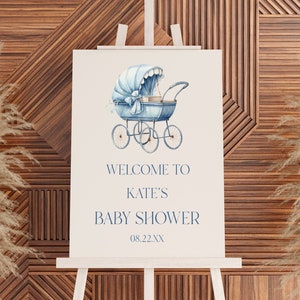 Blue Elegant Vintage Baby Carriage Baby Shower Welcome Sign | Editable Baby Shower Easel Poster Foam Board Sign A53