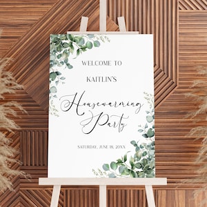 Panneau de bienvenue pour fête de pendaison de crémaillère modifiable eucalyptus vert | Jardin de verdure, élégant chevalet de pendaison de crémaillère, affiche en mousse A68