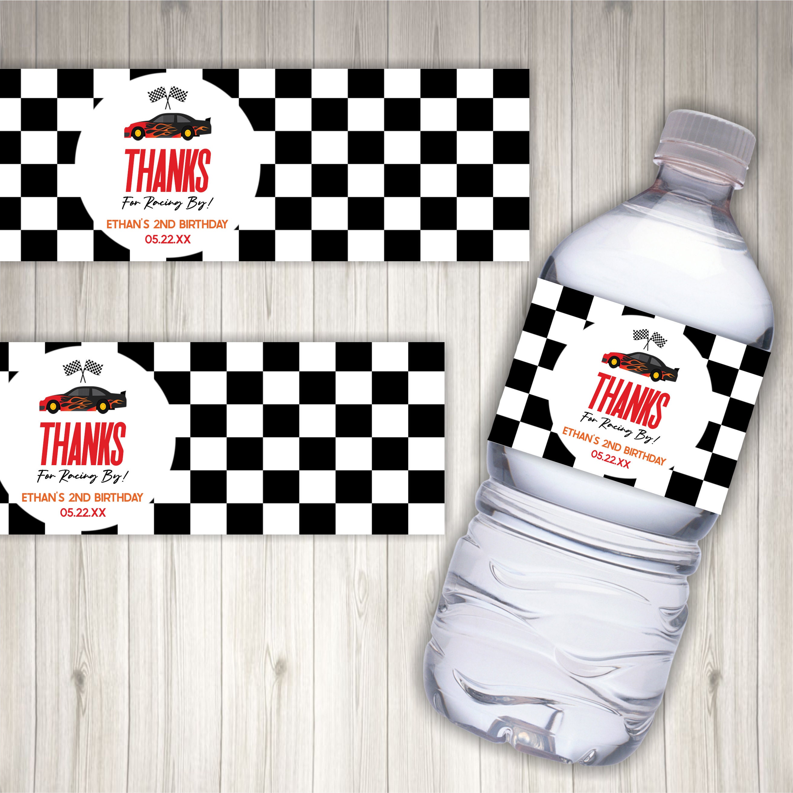 Saltstick Label Editable Black Red Flame Race Car Birthday Party Water Bottle Label ...