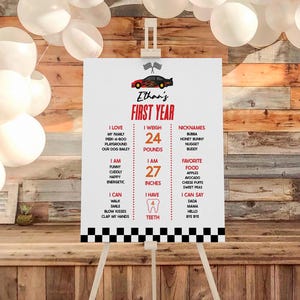 Letrero de cumpleaños para primer cumpleaños con diseño de coche de carreras con llamas rojas y negras, póster de caballete editable de mi primer año, tablero de espuma A4
