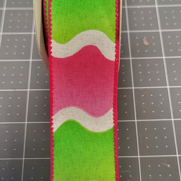 Wave Ribbon: Lime & Pink 1.5" Wide, Beach Ribbon, Flamingo Wreath, Summer Ribbon