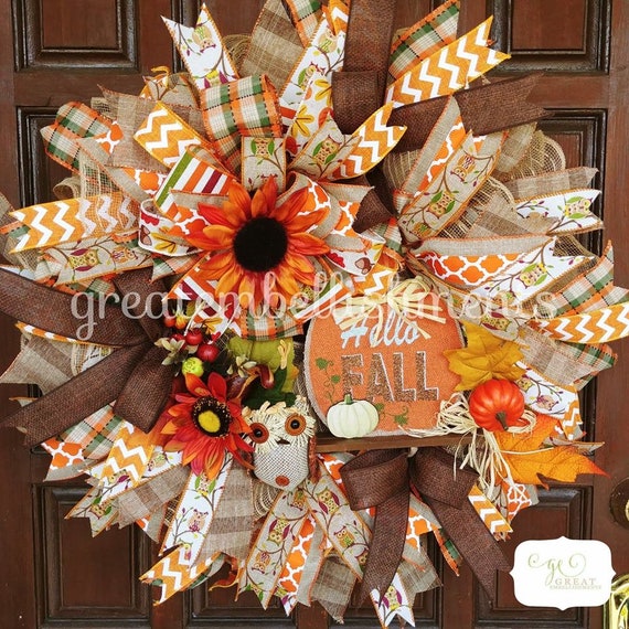 Housewarming Gift Orange Sunflower Wreath Fall Door Wreath Fall Wreath Rustic Wreath Owl Wreath Autumn Wreath Front Door Wreath