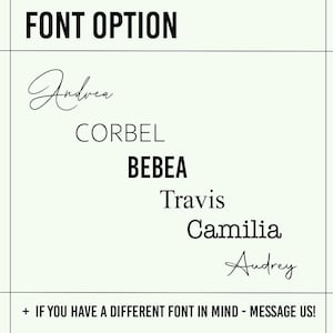 Może przedstawiać: Lista opcji czcionek do projektu graficznego. Czcionki obejmują Indrea, Corbel, Bebea, Travis, Camilia i Audrey. Tekst "+ JEŚLI MASZ INNY FONT NA MYŚLI - NAPISZ DO NAS!" znajduje się na dole obrazu.