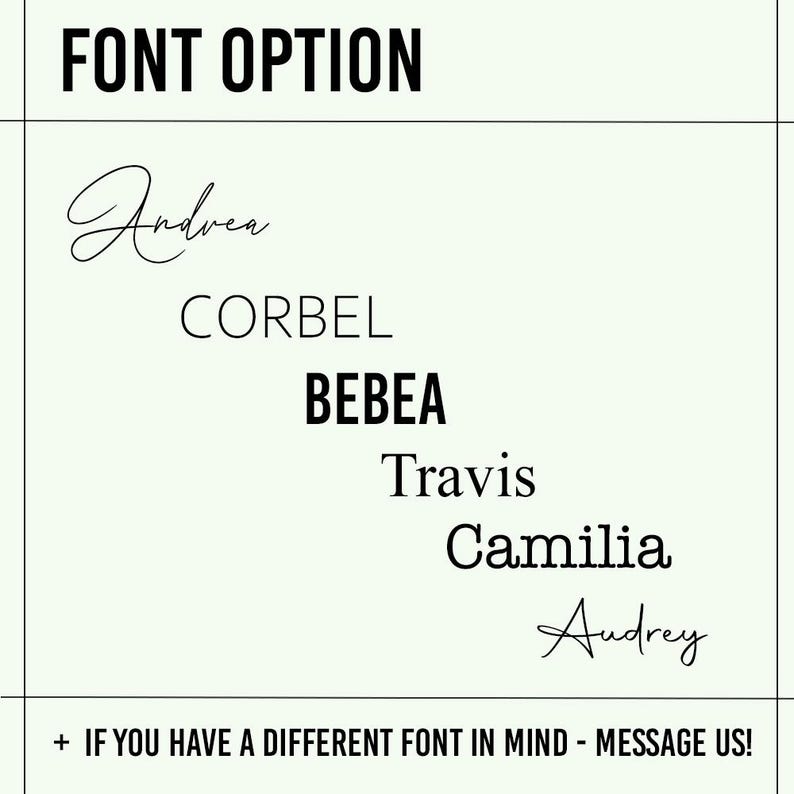 Może przedstawiać: Lista opcji czcionek do projektu graficznego. Czcionki obejmują Indrea, Corbel, Bebea, Travis, Camilia i Audrey. Tekst "+ JEŚLI MASZ INNY FONT NA MYŚLI - NAPISZ DO NAS!" znajduje się na dole obrazu.