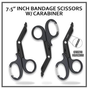 May include: Black 7.5 inch bandage scissors with a carabiner. The scissors have a spring-loaded mechanism and a blunt tip. The scissors are shown in three different positions. The text "JOHN SMITH, RN" is engraved on the side of the scissors. The text "OPTION TO PERSONALIZE" is below the engraved text.
