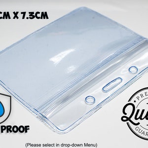 May include: Clear, waterproof plastic pouch, measuring 10cm x 7.3cm, with a zip closure and three holes. The image includes the text "WATER PROOF" and a "Premium Quality Guaranteed" seal.
